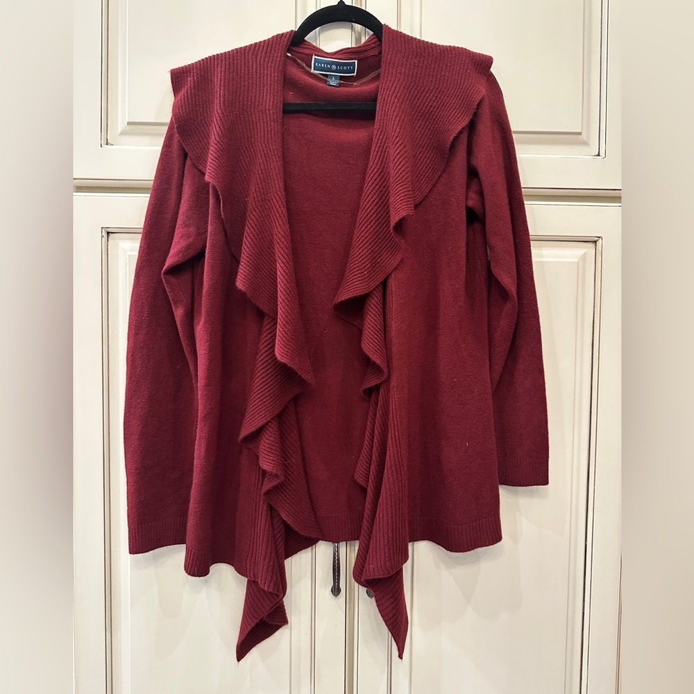 Karen Scott Burgundy Ruffle Open Front Cardigan Sweater Large Wine Red Draped